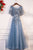 A-Line Square Floor-Length Dark Blue Tulle Prom Dress with Appliques Ruffles Q85