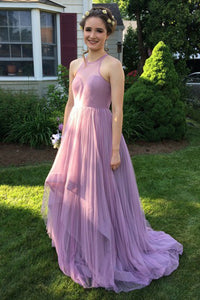 A-Line Jewel Sweep Train Lilac Chiffon Sleeveless Prom Dress with Pleats Q51