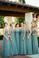 Cheap Simple A Line V-neck Floor Length Sleeveless Long Tulle Bridesmaid Dresses with Ruffles OHS117 | Cathyprom