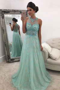 A-Line Jewel Floor-Length Blue Tulle Prom Dress with Appliques OHC071 | Cathyprom
