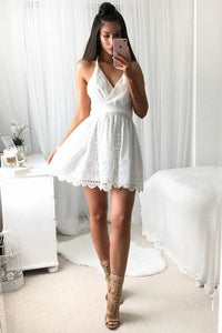 V-neck White A-line Lace Sleeveless Open Back Homecoming Dress OHM039 | Cathyprom