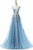 A-Line Bateau Court Train Sleeveless Blue Tulle Prom Dress with Appliques Q81