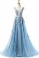 A-Line Bateau Court Train Sleeveless Blue Tulle Prom Dress with Appliques Q81