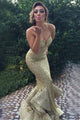 Mermaid Sweetheart Sweep Train Gold Sequined Prom Dress with Ruffles Q83