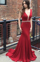 Mermaid Deep V-Neck Sweep Train Red Stretch Satin Backless Beaded Prom Dress Q12