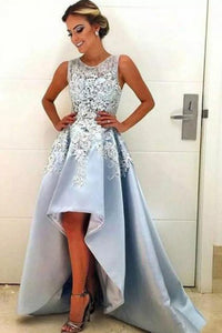 A-Line Crew High Low Light Blue Satin Sleeveless Prom Dress with Appliques Q65