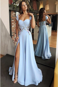 A-Line Scoop Cap Sleeves Floor-Length Light Blue Prom Dress with Appliques Split D2