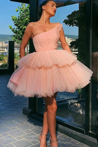 Sweet A Line One Shoulder Sleeveless Short Tulle Homecoming Party Dresses with Ruffles OHM094 | Cathyprom