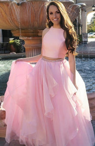 Two Piece Jewel Sweep Train Pink Chiffon Prom Dress with Beading Ruffles Q3