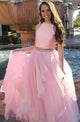 Two Piece Jewel Sweep Train Pink Chiffon Prom Dress with Beading Ruffles Q3