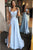 A-Line Scoop Cap Sleeves Floor-Length Light Blue Prom Dress with Appliques Split D2