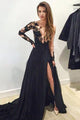 A-Line V-Neck Sweep Train Long Sleeves Split-Side Black Prom Dress with Appliques P38