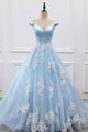 Ball Gown Off-the-Shouklder Court Train Blue Tulle Prom Dress with Appliques Q74