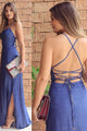 Sheath Blue Spaghetti Straps Criss-Cross Straps Split Floor-length Prom Dress P64