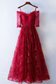 A-Line Off-the-Shoulder Floor-Length Half Sleeves Dark Red Lace Prom Dress Q75