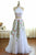 Two Piece High Neck Sweep Train Ivory Tulle Prom Dress with Appliques Q71