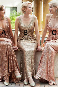 Sheath V-Neck Backless Champagne Sequined Bridesmaid Dress with Ruched OHS030 | Cathyprom