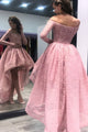 A-Line Off-the-Shoulder High Low Asymmetrical Pink Long Sleeves Lace Prom Dress L22