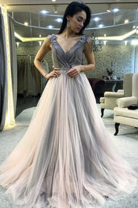 A-Line V-Neck Sweep Train Light Grey Prom Dress with Appliques Beading D5
