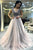 A-Line V-Neck Sweep Train Light Grey Prom Dress with Appliques Beading D5