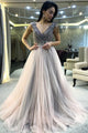 A-Line V-Neck Sweep Train Light Grey Prom Dress with Appliques Beading D5