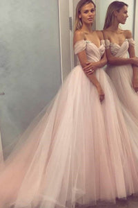 A-Line Off-the-Shoulder Court Train Pearl Pink Tulle Prom Dress with Beading Q64