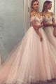 A-Line Off-the-Shoulder Court Train Pearl Pink Tulle Prom Dress with Beading Q64