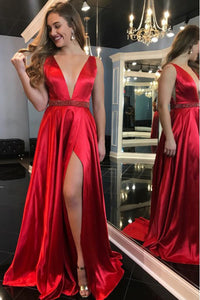 A-Line Deep V-Neck Sweep Train Red Prom Dress with Beading Split LPD91 | Cathyprom