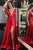 A-Line Deep V-Neck Sweep Train Red Prom Dress with Beading Split LPD91 | Cathyprom