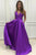 A-Line V-Neck Sweep Train Grape Satin Cut Out Backless Prom Dress Q60