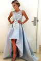 A-Line Crew High Low Light Blue Satin Sleeveless Prom Dress with Appliques Q65