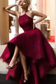 A-Line Halter High Low Asymmetrical Burgundy Lace Sleeveless Prom Dress with Ruched Q90
