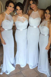 Sexy Sheath/Column Halter Floor Length Sleeveless Long Chiffon Bridesmaid Dresses OHS125 | Cathyprom