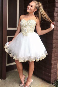 White Sleeveless Short Homecoming Dresses Sweetheart Appliques OHM090 | Cathyprom