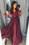 A-Line V-Neck Long Sleeves Split Burgundy Satin Prom Dress with Appliques Q16