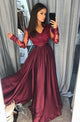 A-Line V-Neck Long Sleeves Split Burgundy Satin Prom Dress with Appliques Q16