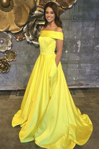 A-Line Off-the-Shoulder Swewep Train Yellow Satin Sleeveless Prom Dress with Pockets Z11
