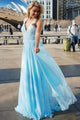 A-Line Deep V-Neck Sweep Train Blue Chiffon Sleeveless Prom Dress with Sequins D26