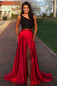 Two Piece One-Shoulder Lace Bodice Sweep Train Red Prom Dress with Split OHC037 | Cathyprom