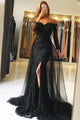 A-Line Off-the-Shoulder Long Sleeves Black Tulle Prom Dress with Lace Sequins L12