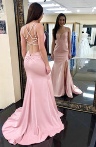 Mermaid Deep V-Neck Split Sweep Train Pink Criss-Cross Straps Beaded Prom Dress Q4
