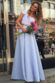 Two Piece Square Floor-Length Blue Satin Cap Sleeves Prom Dress with Appliques D17