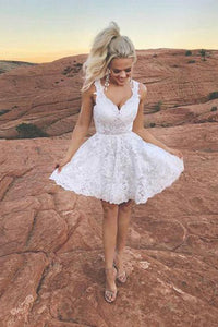 White Short Homecoming Dresses V Neck Appliques Cocktail Dresses OHM080 | Cathyprom