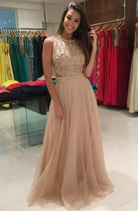 A-Line Jewel Sweep Train Champagne Tulle Prom Dress with Beading Q43