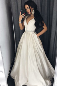 A-Line V-Neck Court Train Ivory Satin Sleeveless Prom Dress with Beading Q63