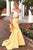 Two Piece Mermaid Off-the-Shoulder Sweep Train Spots Yellow Satin Prom Dress with Ruffles L17