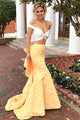 Two Piece Mermaid Off-the-Shoulder Sweep Train Spots Yellow Satin Prom Dress with Ruffles L17