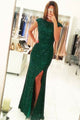 Mermaid Crew Cap Sleeves Dark Green Open Back Sequined Prom Dress Q59