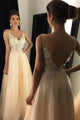 A-Line Deep V-Neck Champagne Tulle Backless Prom Dress with Appliques Q68