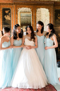 A Line Sweetheart Floor Length Sleeveless Long Tulle Romantic Bridesmaid Dresses with Ruffles OHS129 | Cathyprom